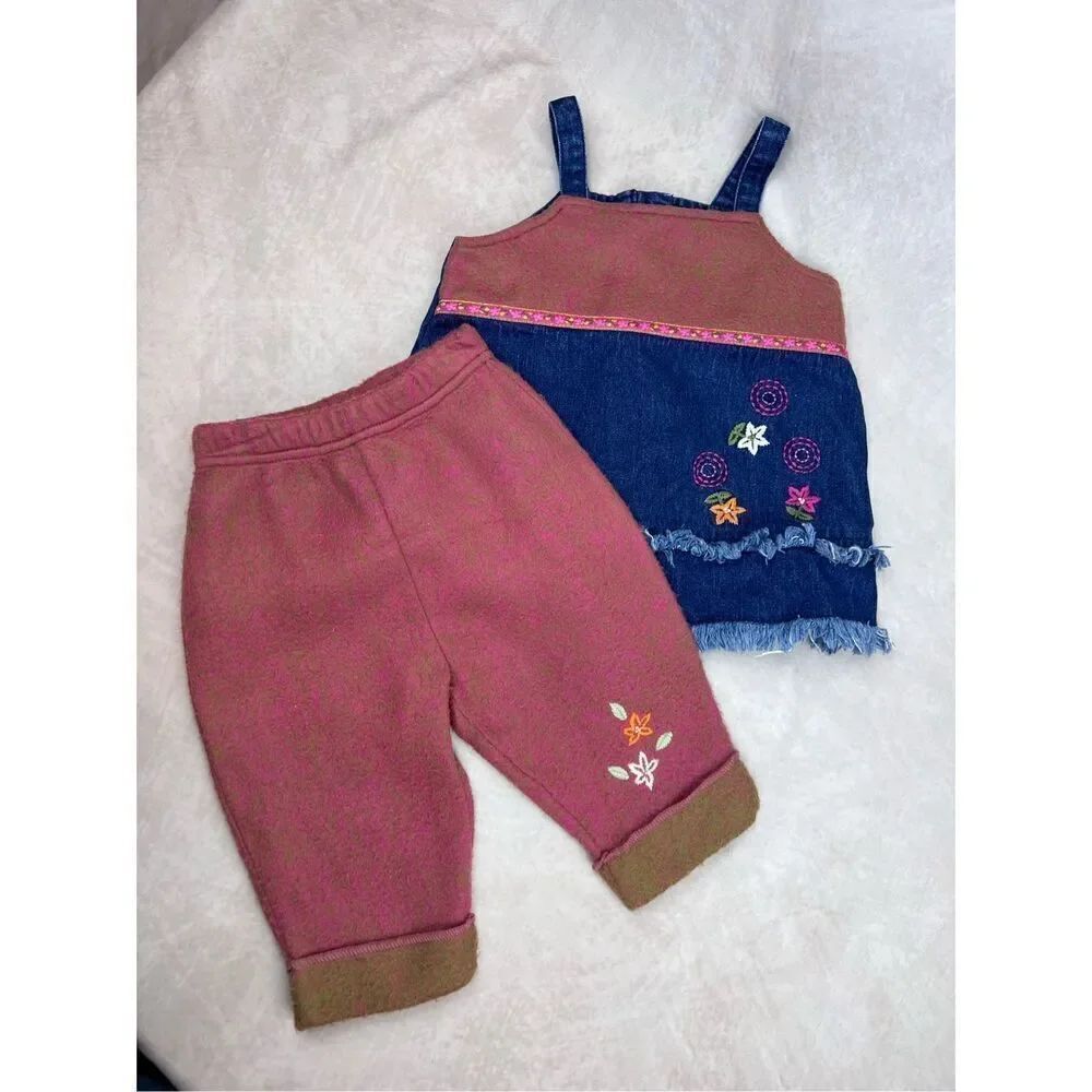 Vintage 90s Y2K Girls 2pc Embroidered Set Floral Denim